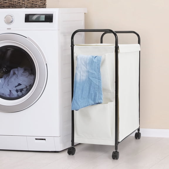 Rolling Laundry Hamper with Wheels, White Tall Laundry Basket with Removable Liner & Side Pockets for Bathroom, Laundry Room
