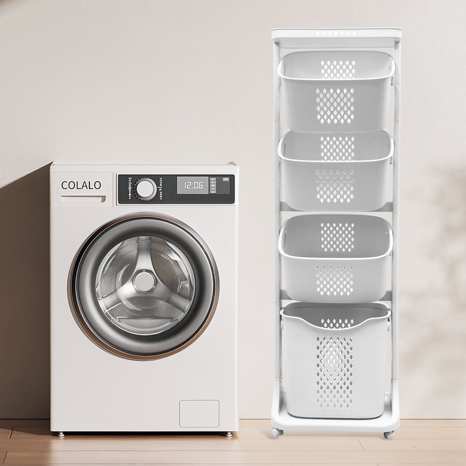 Rolling Laundry Hampers 4 Tier Tall Laundry Baskets Dirty Clothes Hamper with Wheels White Portable Rolling Laundry Baskets with 4 Removable Baskets, 17"×13"×56"