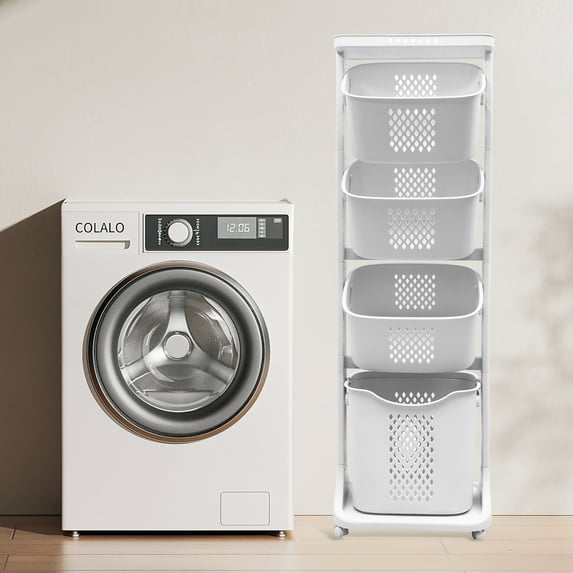 Rolling Laundry Hampers 4 Tier Tall Laundry Baskets Dirty Clothes Hamper with Wheels White Portable Rolling Laundry Baskets with 4 Removable Baskets, 17"×13"×56"