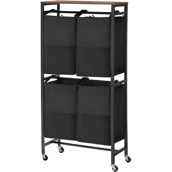 Laundry Sorter, Laundry Basket with Wheels, 52 Gal (198L) Rolling Laundry Hamper, 2 Tier Laundry Cart with 4 Removable Oxford Fabric Laundry Bags, Rustic Brown and Black