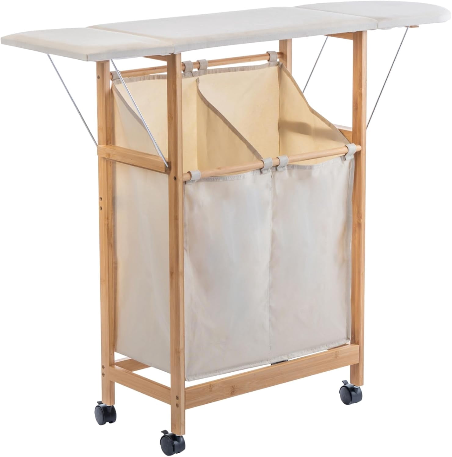 Rolling Laundry Table with Ironing Board, Bamboo Laundry Folding ...