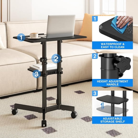 Rolling Lectern Podium Mobile Standing Desk, Height Adjustable Portable Laptop Cart with Tilting Top, Rolling Stand Up Desk Computer Workstation with Shelf for Home, Office, Classroom$$Office