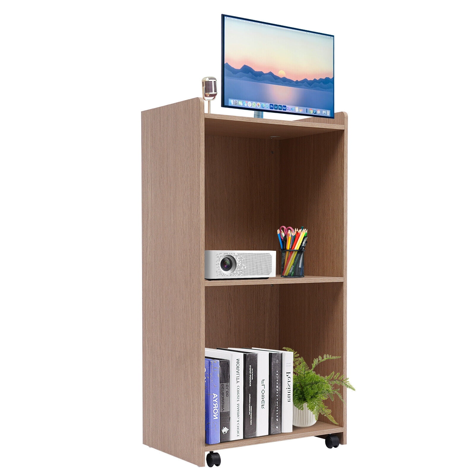 Rolling Lectern Podium Wooden Podium with Wheels Presentation Stand