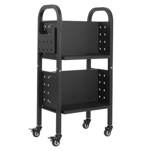 Rolling Library Book Cart 150 lbs Capacity 17.7 x 13.0 x 34.6 Inch Double Sided L Shaped Shelves 2 Inch Lockable Wheels Book Truck for Home Office School Black