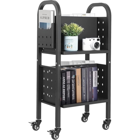 Rolling Library Book Cart, 150 lbs Capacity, 17.7 x 13.0 x 34.6-Inch Library Cart, Double Sided L-Shaped Shelves with 2-Inch Lockable Wheels, Book Truck for Home Shelves Office and School