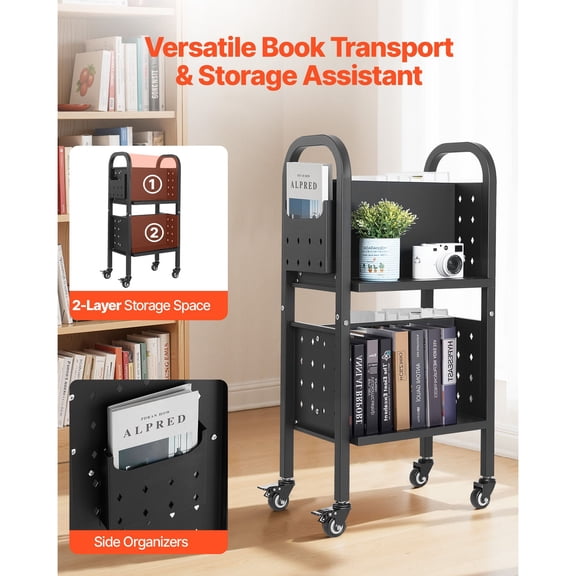 Rolling Library Book Cart,150 lbs Capacity,17.7x13.0x34.6-"Library Cart,Double Sided L-Shaped Shelves with 2-"Lockable Wheels,Book Truck for Home Shelves Office&School,Black