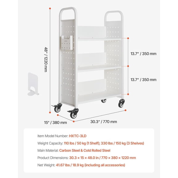 Rolling Library Book Cart, 330 lbs Capacity, 30.3 x 15 x 48.0-Inch Library Cart, Single Sided L-Shaped Shelves with 3-Inch Lockable Wheels, Book Truck for Home Shelves Office and School, White