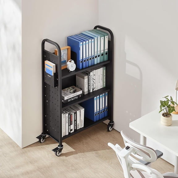 Rolling Library Book Cart, 330 lbs Capacity, 30.3 x 15 x 48.0-Inch Library Cart, Single Sided L-Shaped Shelves with 3-Inch Lockable Wheels, Book Truck for Home Shelves Office and School, Black