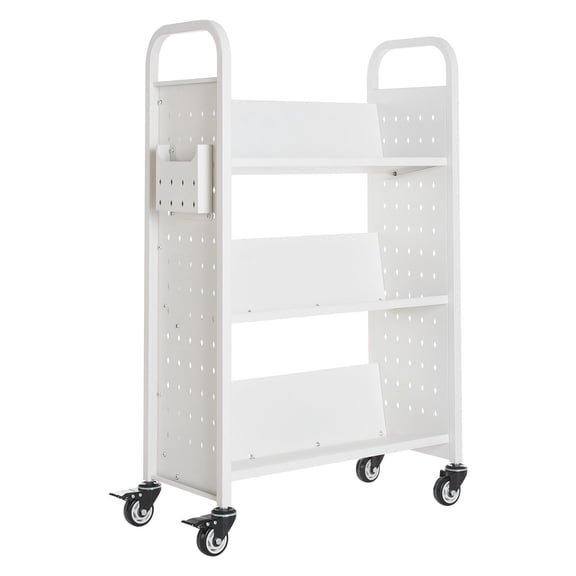 Rolling Library Book Cart 330 lbs Capacity 30.3 x 15 x 48.0 Inch Single Sided V Shaped Shelves 3 Inch Lockable Wheels Book Truck for Home Office School White