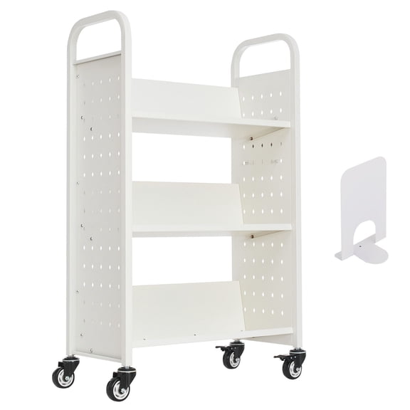 Rolling Library Book Cart with 330 lbs Capacity, 30.3x15x48 Inch, V-Shaped Shelves, Lockable Wheels for Home Office School Use