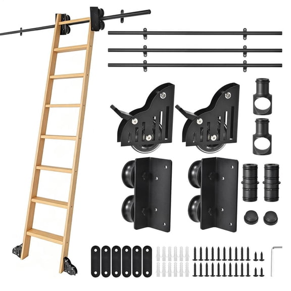 Rolling Library Hardware Kit 10FT, Carbon Steel Sliding Tracks with Brake Wheel and Hook, 350 Lbs Load for Kitchen, Garage, and Closet (No Ladder)
