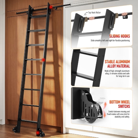 LIOOBO Black Aluminum Rolling Ladder with Sliding Rail for Office Bookshelf Access