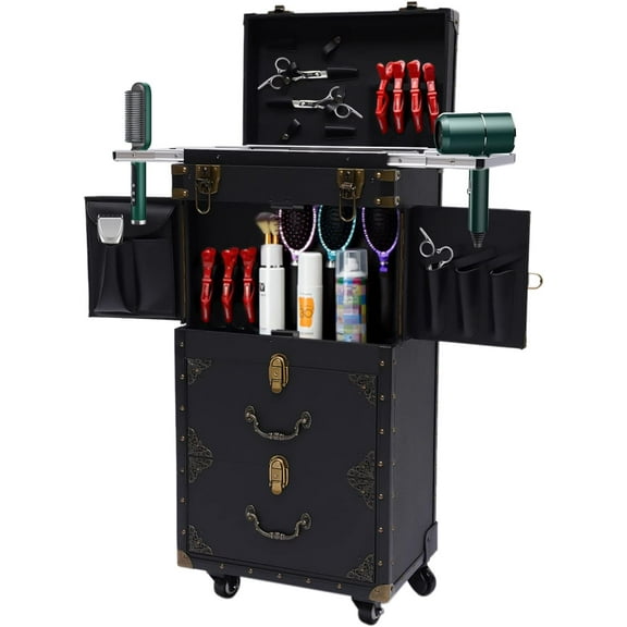 Rolling Lockable Makeup Train Case24 inch Hairdressing Trolley Stylist Beauty Salon Cosmetic Luggage Travel Organizer Tool Box, Aluminum Trolley Salon Staion