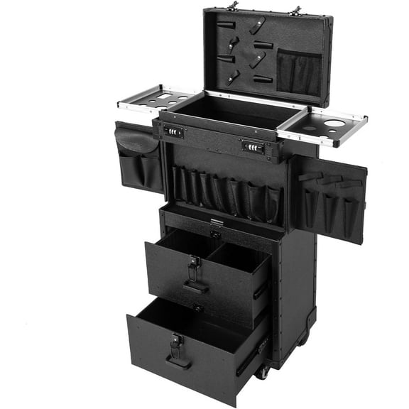 Rolling Lockable Makeup Train Case Stylist Beauty Hair Salon Trolley Suitcase Travel Organizer Tool Box with Hair Dryer Holder Professional Cosmetic Hairdressing Luggage with Wheels (Black)