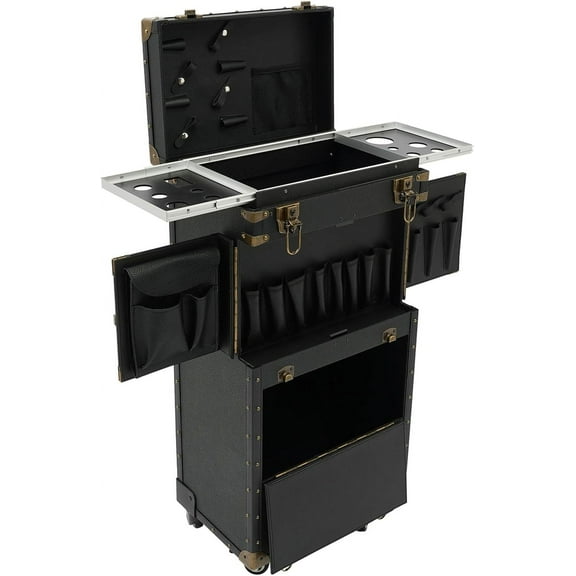 Rolling Lockable Makeup Train Case with 4 Wheels, Professional Hairdressing Trolley Organizer for Beauty Salons