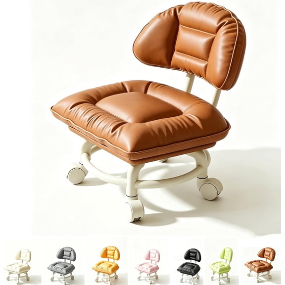 Rolling Low Stool with Backrest, Cloud Soft Swivel Vanity Chair (Coffee) | Cloud Soft Vanity Swivel Stool, Low Rolling Makeup Chair With Wheels, Thick Cushion Back Support, Compact Size