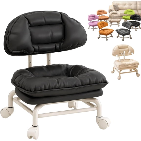 Rolling Low Stool with Backrest Low Rolling Stool with Back Support (H) | Wheels Thickened Seat Cushion, 360-Degree Soft Padding Ergonomic Backrest Chair for Home and Office Use