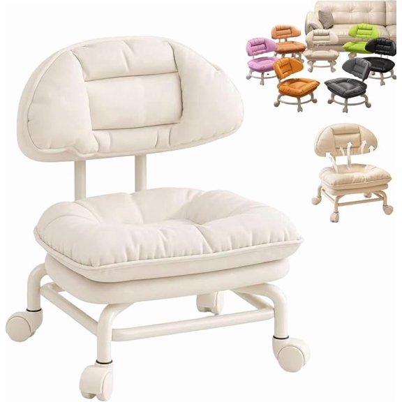 Rolling Low Stool with Backrest Low Rolling Stool with Back Support Wheels Thickened Seat Cushion Soft Padding Ergonomic Backrest Chair for Home and Office Use(B)