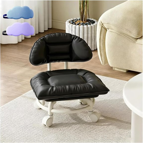 Rolling Low Stool with Backrest – Padded Seat & Silent Casters