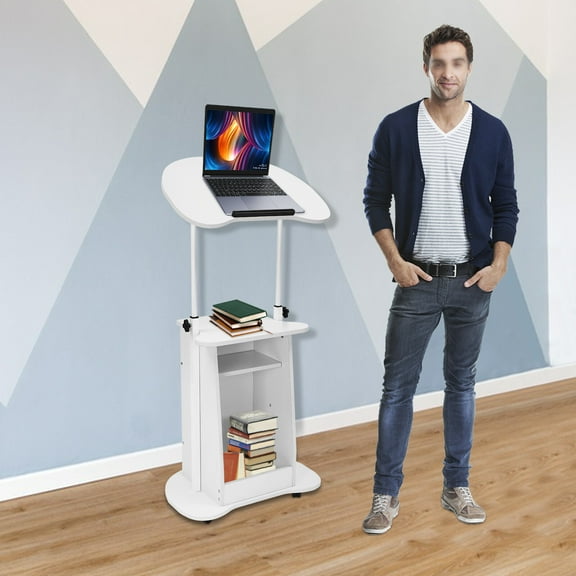 Rolling MDF Podium Church Pulpit School Lectern Conference Stand with Storage Shelf