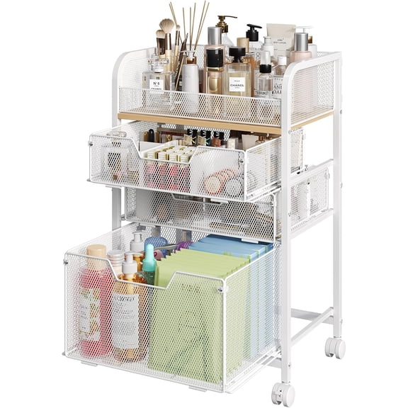Rolling Makeup Cart Organizer with 3 Drawers, Floor Skincare Organizers with Wheels, Cosmetics Display Cases, Vanity Storage Organizer for Skin Care Perfume Nail Polish, White