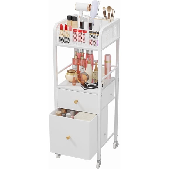 Rolling Makeup Cart Organizer - Floor Skincare Make Up Storage with 2 Non-woven Fabric Drawers, Vanity Organizer Cosmetic Display Cases Holder for Skin Care Perfume Nail Polish Brush Hair Tool