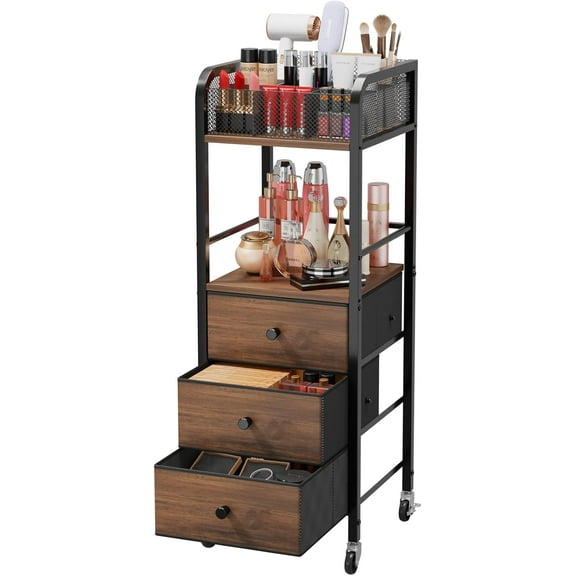 Rolling Makeup Cart Organizer - Floor Skincare Make Up Storage with 3 Drawers, Vanity Organizer Cosmetic Display Cases Holder for Skin Care Perfume Nail Polish Brush Hair Tool
