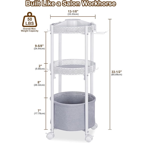 Rolling Makeup Cart Organizer with Removable Hair Dryer Holder, 3 Tier Round Floor Makeup Organizer with Wheels for Cosmetic, Perfume, Nail Polish, Small Space Bathroom Storage Cart, White