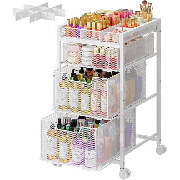 Rolling Makeup Cart Organizer with 3 Drawers and Dividers, Floor Skincare Storage with Wheels, White, 4 Tier