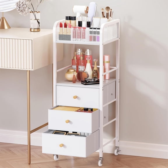 Rolling Makeup Cart Organizer with 3 Non-Woven Fabric Drawers, Metal and Wood Construction, White