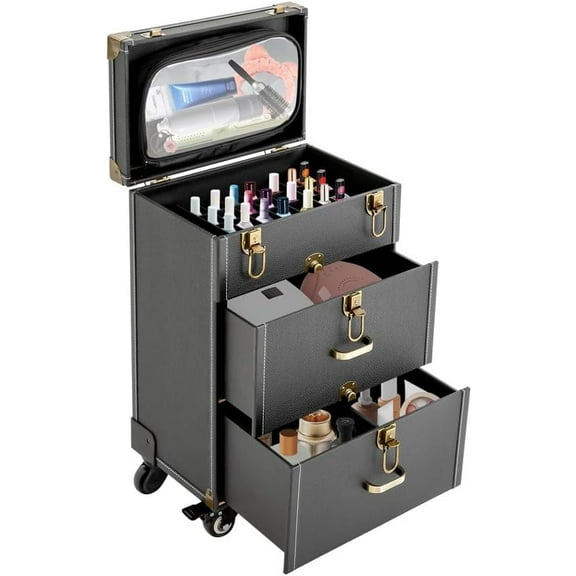 Rolling Makeup Case with 4 Wheels - Portable Cosmetic Trolley Suitcase with Drawers, Multifunctional Organizer for Makeup, Nail Polish & Jewelry Travel (Black)
