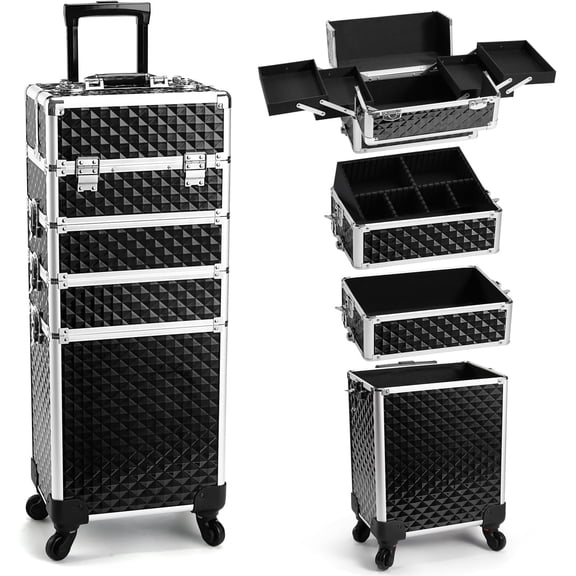 Rolling Makeup Case, 4-in-1 Case Wheels, Tech Cart for Travel, Professional Case, Suitcase for MUA/Manicure//Style, Lockable Storage Box, Black