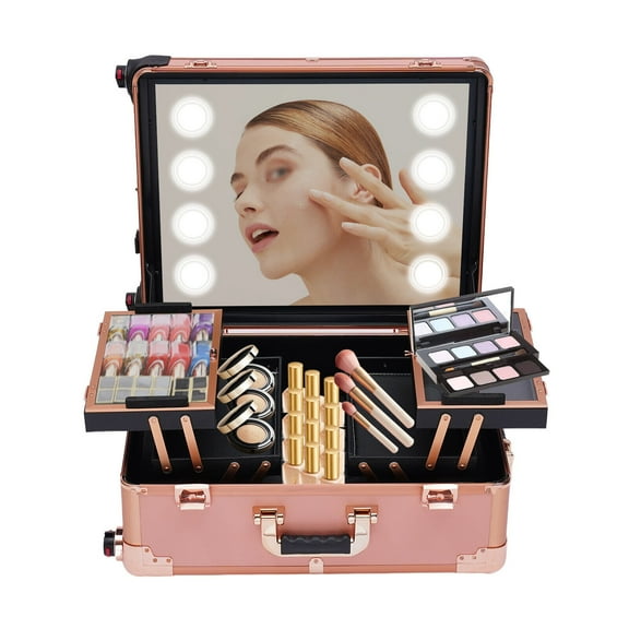 Rolling Makeup Case Aluminum Salon Cosmetic Train Trolley 4 Wheels Organizer Box Rose Gold