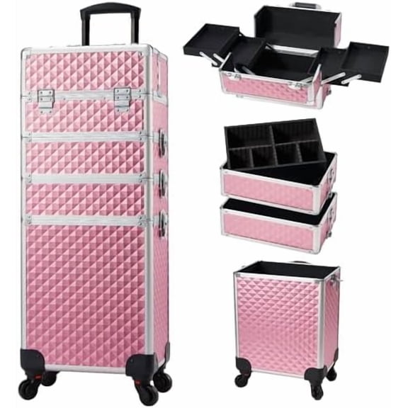 Rolling Makeup Case Case Wheels 4 in 1 Large Organizer Box Makeup Travel Case with Key Swivel Wheels Artist Salon Storage Traveling Cart Big Trunk