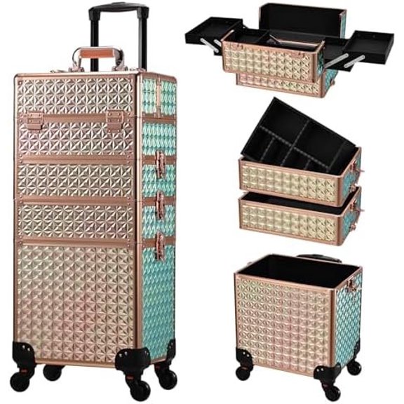 Rolling Makeup Case Case Wheels 4 in 1 Large Organizer Case Makeup Travel Case with Key Swivel Wheels Artist Salon Storage Traveling Cart Trunk Rose