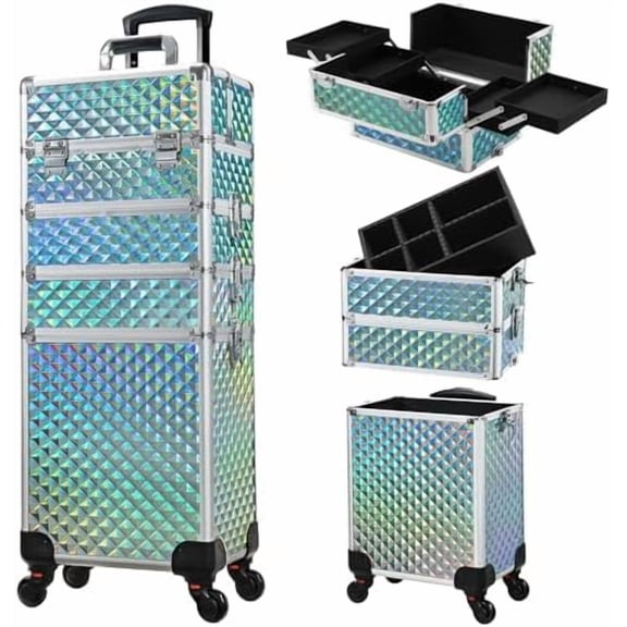 Rolling Makeup Case Case Wheels 4 in 1 Makeup Travel Case Large Organizer Storage with Key Swivel Wheels Artist Salon Traveling Cart Trunk Watery Blue