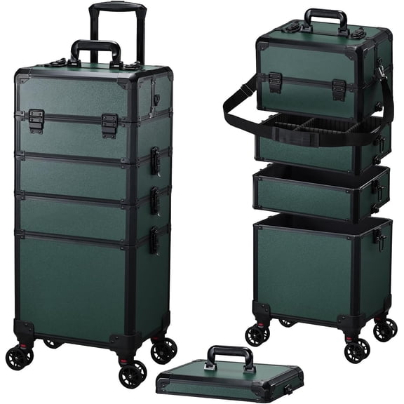 Rolling Makeup Case Case Wheels 5 in 1 Makeup Case with Lid Rolling Large Make Up Organizer for Artist Barber Salon Teach Kits Professional Box Dark Green