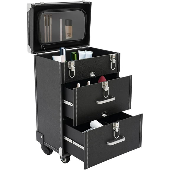 Rolling Makeup Case,Cosmetic Case Trolley with 2 Extra Large Drawers,Makeup Suitcase with Wheels,Make Up Suitcase Cosmetic Trolley for Make Up Hairstylists Nail Tech (Black)