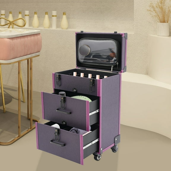 Rolling Makeup Case Cosmetic Case Trolley Make Up Suitcase with Wheels Purple Used for Make-Up Artists, Hair Barbers/Stylists, Nail Technicians