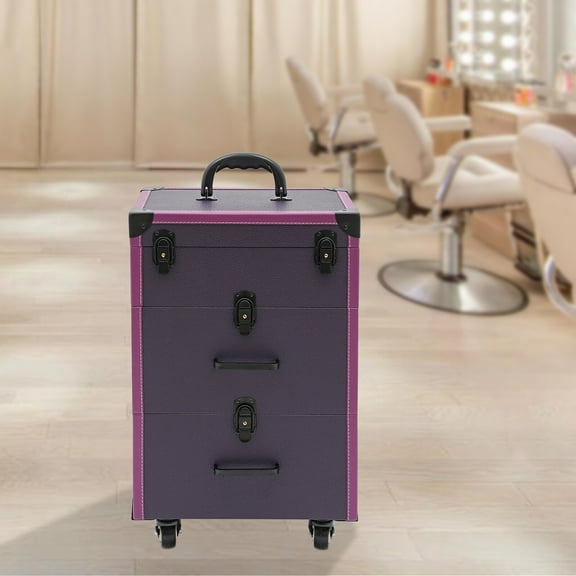 Rolling Makeup Case Cosmetic Case Trolley Make Up Suitcase with Wheels Purple