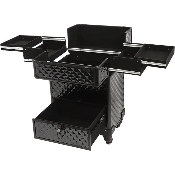 Rolling Makeup Case Cosmetic Train Cases with Drawer Rolling Makeup Cart Cosmetic Organizer 3 Tier Travel Case Salon Barber Case for Makeup Artist Tattooist Nail Tech Hairstylists (Black)