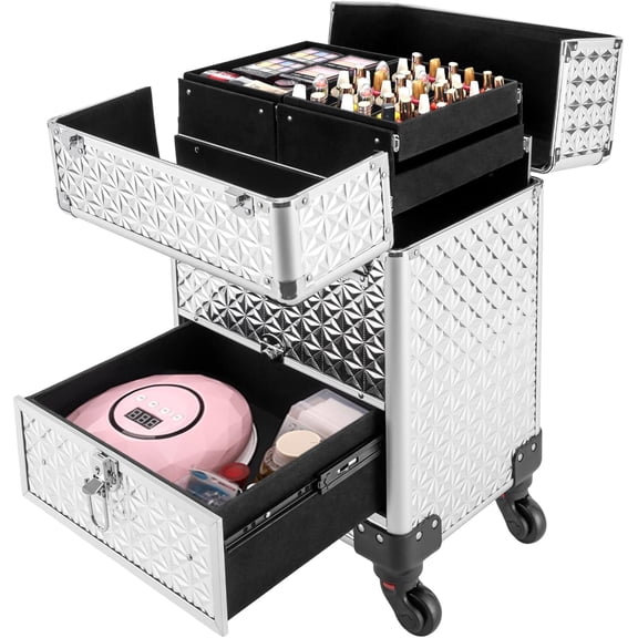 Rolling Makeup Case Cosmetic Train Cases with Drawer Rolling Makeup Cart Cosmetic Organizer 3 Tier Travel Case Salon Barber Case for Makeup Tattooist Nail Tech Hairstylists (Aluminum Alloy, Silver)