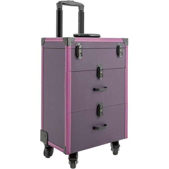 Rolling Makeup Case, Cosmetology Case on Wheels 3 Layer Nail Storage Case with CLear Storage Pocket Travel Polish Organizer Trolley for Stylist Nail Technician Salon Black lock-Purpple