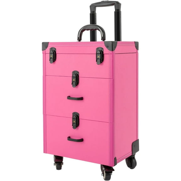 Rolling Makeup Case with Drawers&4 Wheel, Cosmetic Case Trolley, Make Up Suitcase Cosmetic Trolley, Portable Multifunction Makeup Suitcase, Jewelry Travel Cosmetic Train Case (Rose Red)