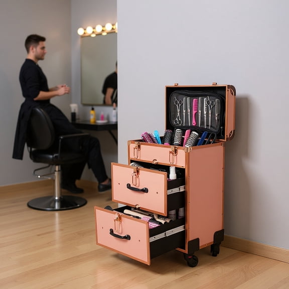 Rolling Makeup Case, Large Cosmetic Trolley with Locks, Make up Bag with dividers, Cosmetics Storage Organizer for On The Go Makeup / Nail Art / Hair Styling rose gold