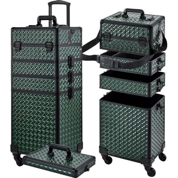 Rolling Makeup Case, Makeup Case with Lid, 5 in 1 Case Wheels, Christmas , Large Makeup Case Organizers, Profesional Case for Salon Barber,Black Green