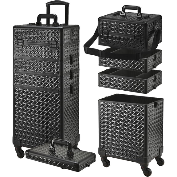 Rolling Makeup Case, Makeup Case with Lid, 5 in 1 Case Wheels, Christmas , Large Makeup Case Organizers, Profesional Case for Salon Barber,Black