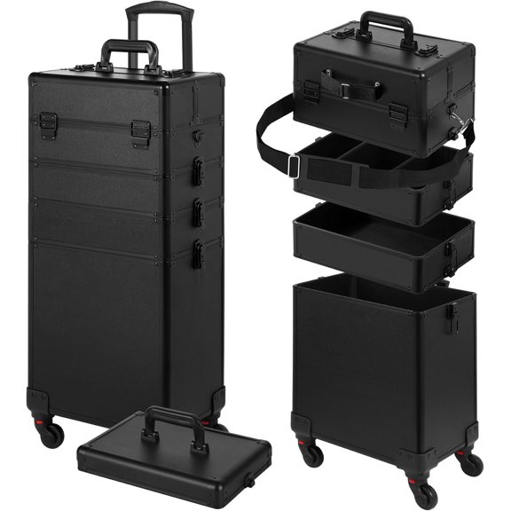 Rolling Makeup Case, Makeup Case with Lid, 5 in 1 Case Wheels, Christmas , Large Makeup Organizers, Profesional Case for Salon Barber, Black