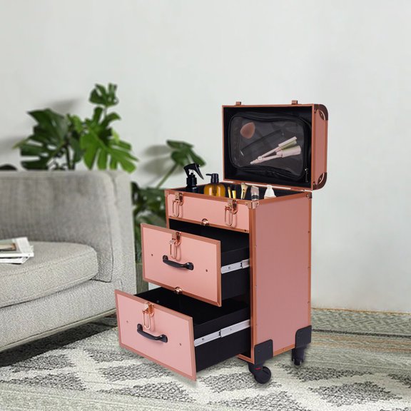 Rolling Makeup Case Nail Technicians Cosmetic Trolley Storage Organizer Rose Gold