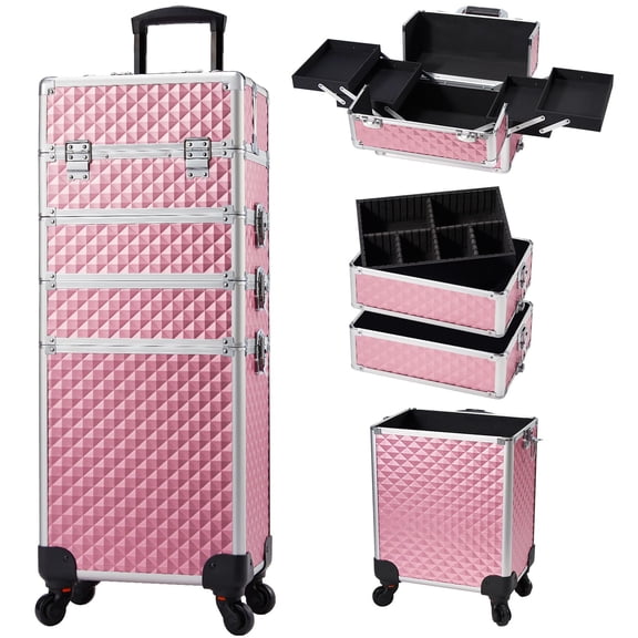 Rolling Makeup Case On Wheels 4 In 1 Large Organizer Box Travel With Key Swivel Artist Salon Storage Traveling Cart Big Trunk Pink